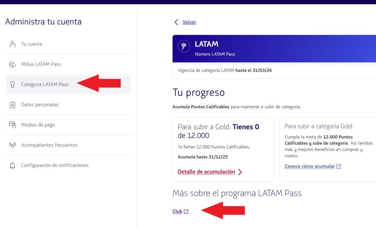 captura de pantalla de la web de club latam pass