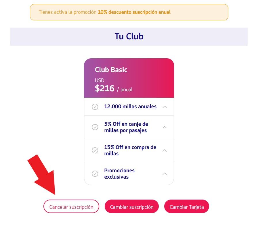 captura de pantalla de la web de club latam pass para cancelar la suscripcion