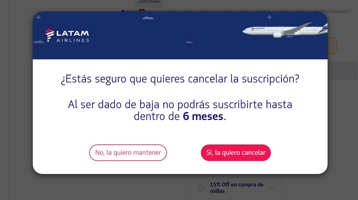 captura de pantalla de la web de club latam pass para cancelar la suscripcion