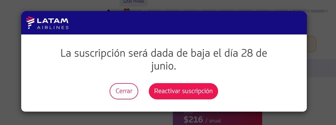 captura de pantalla de la web de club latam pass para cancelar la suscripcion