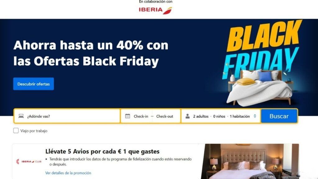 captura de la web de booking con iberia y la promocion de avios en black friday