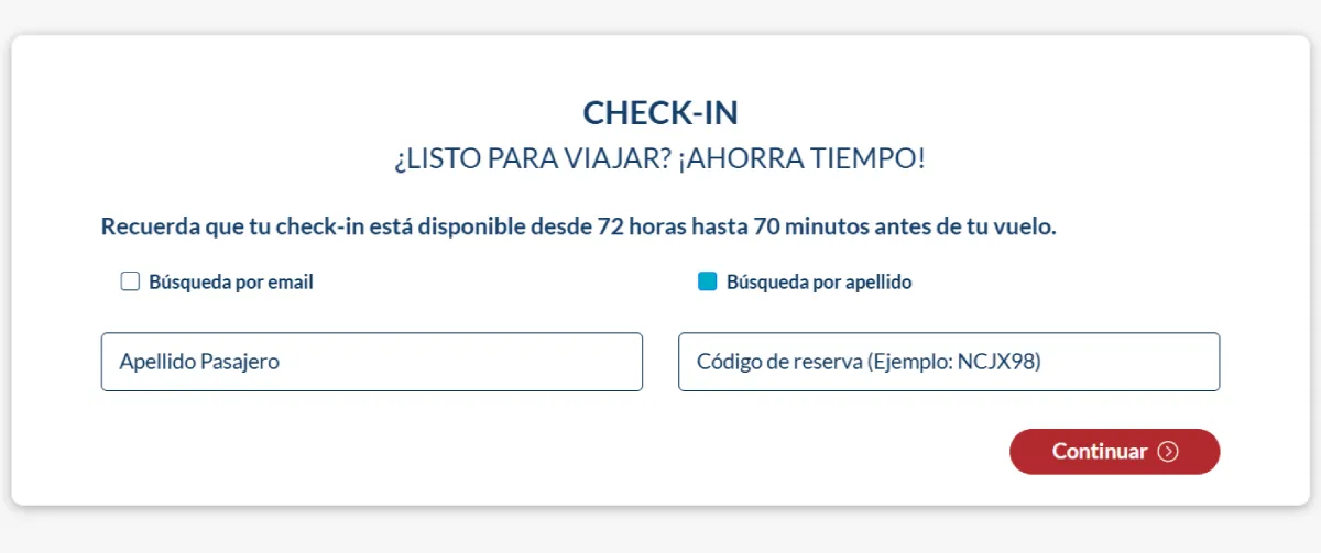captura de pantalla de la sección para hacer check-in online en jetsmart