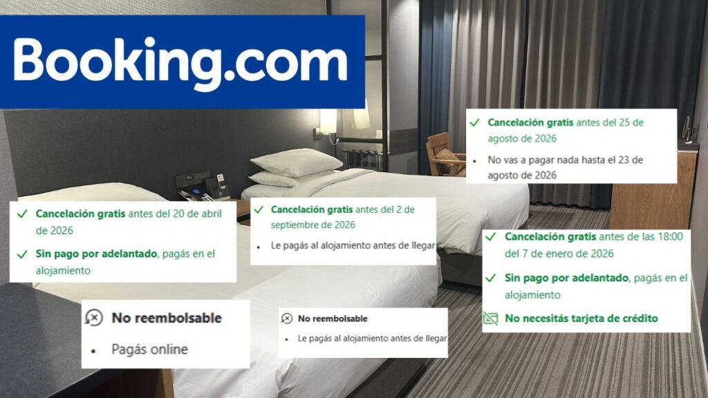 habitacion de hotel y sobre ella, capturas de booking y logo de booking.com