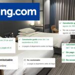 habitacion de hotel y sobre ella, capturas de booking y logo de booking.com