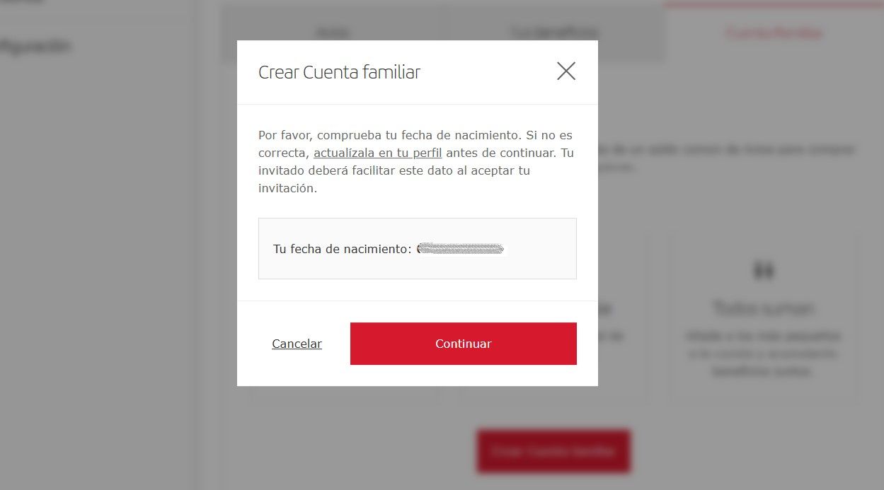 captura de pantalla de Mi iberia Plus para crear la cuenta familiar