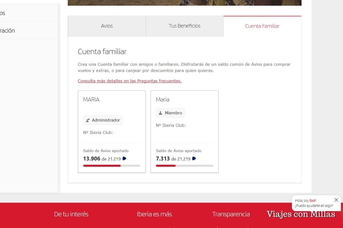 captura de pantalla saldo de avios en cuenta familiar de iberia