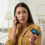 mujer hablando por teléfono angustiada con tarjeta de crédito en la mano / Shutterstock.com