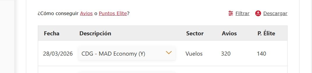 captura de pantalla de acreditación de avios en la web de iberia