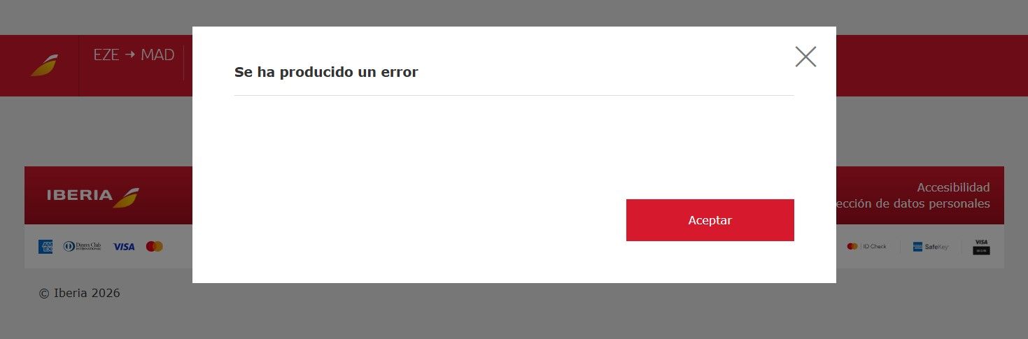 captura de pantalla de rror en la web de iberia al intentar hacer el check in
