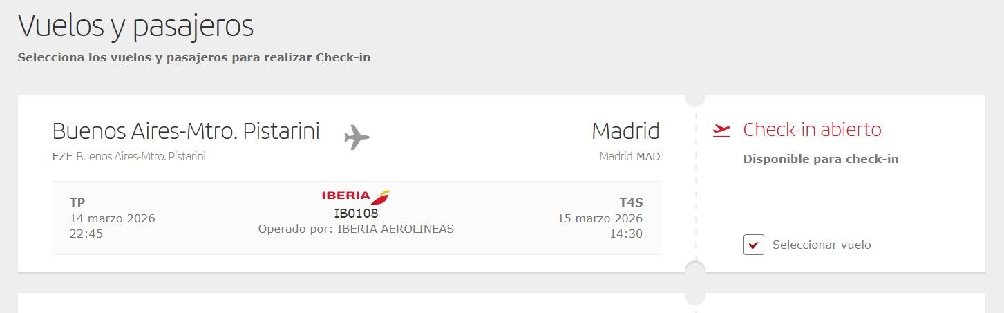pantalla de check in en la pagina web de iberia